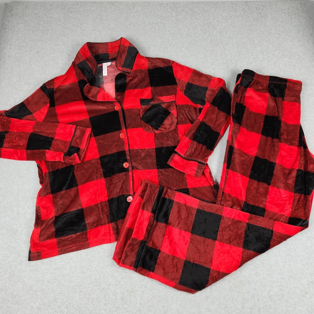 Joyspun 2 Piece Pajama Set Womens L 12-14 Red Black Buffalo Plaid Velour Classic